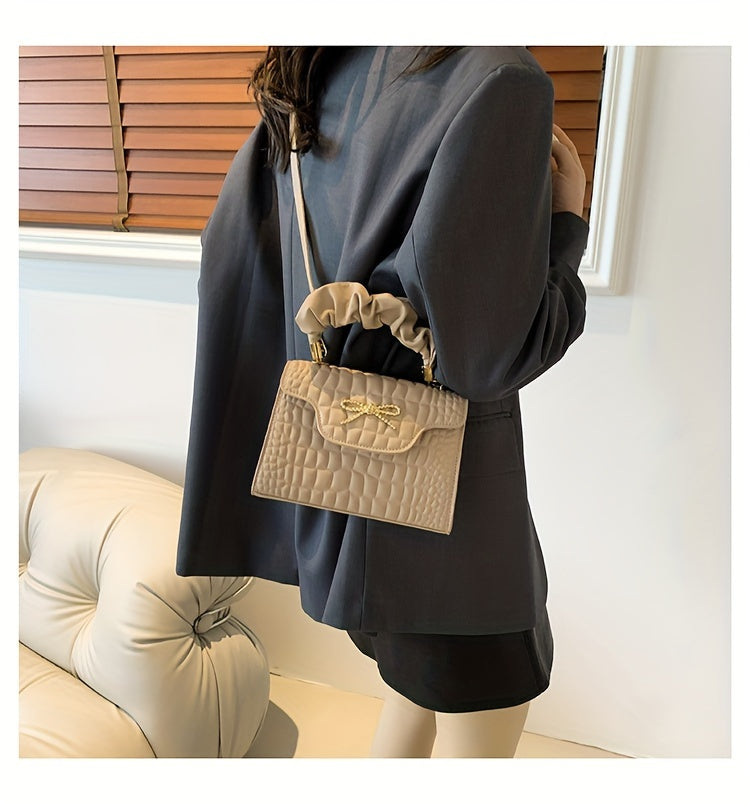 Vibrant Retro Crocodile Pattern Chic Shoulder Bag - Compact, Versatile, Fashionable, Everyday Wear with Bowknot Detail, Casual Street Style, and Chic Design - Perfect for Women's Daily Use